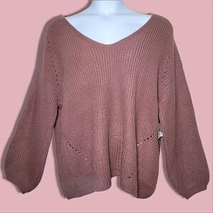 89th & Madison Rosey Mauve Faux Rhinestone  Ribbed V-Neck Bishop Sleeve Sweater